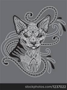 Monochrome abstract doodle ornamental portrait of sphinx hairless cat. Decorative vector illustration in white and black colors isolated on grey background. Stock illustration for design and tattoo.