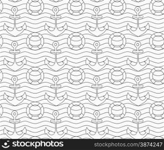 Monochrome abstract geometrical pattern. Modern gray seamless background. Flat simple design.Gray anchors and life buoy on wavy continues lines.