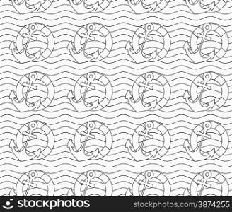 Monochrome abstract geometrical pattern. Modern gray seamless background. Flat simple design.Gray life buoy and anchors on wavy continues lines.