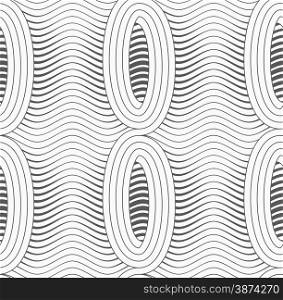 Monochrome abstract geometrical pattern. Modern gray seamless background. Flat simple design.Gray merging ovals with wavy continues lines.