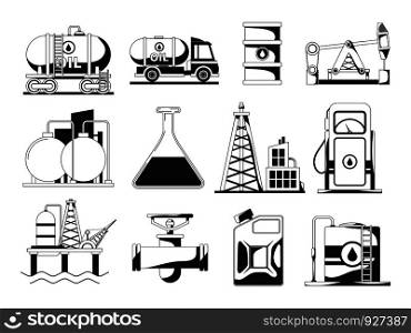 Monochrome black icon set for petroleum industry. Vector oil production, transportation and extraction illustration. Monochrome black icon set for petroleum industry