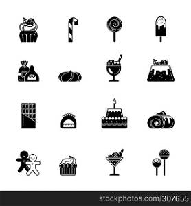Monochrome black icons of sweet, biscuits and other bakery foods. Ice cream and chocolate cupcake. Vector sweet food bakery and biscuit, illustration of dessert cupcake and bakery. Monochrome black icons of sweet, biscuits and other bakery foods. Ice cream and chocolate cupcake. Vector pictures set