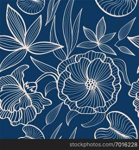 Monochrome Blue Floral Outlines. Seamlessly Repeating Pattern of Hand-drawn Flowers for Decorations and Fabric.