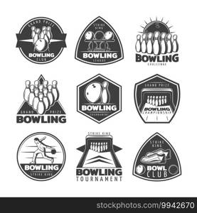 Monochrome bowling labels set with player sneakers and sport equipment in vintage style isolated
