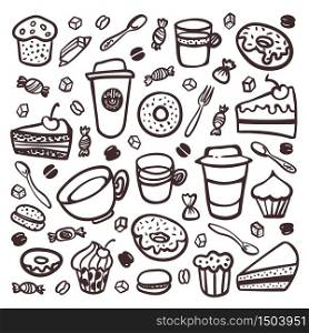 Monochrome Coffee set. Doodle style set of coffee tableware and sweet snacks. Exellent for menu design and cafe decoration. collection of coffee tableware and snacks. Cartoon style vector illustration. Monochrome Coffee set. Doodle style set of coffee tableware and sweet snacks. Exellent for menu design and cafe decoration. collection of coffee tableware and snacks. Cartoon style vector illustration.