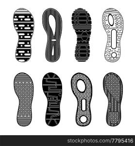 Monochrome collection of various highly detailed black sport shoes footprints on white background isolated vector illustration. Sport Shoes Footprints Monochrome Set