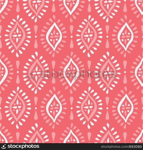 Monochrome Coral Boho Handdrawn Diamonds Vector Seamless Pattern. White and Pink Elegant Ethnic Traditional Background Perfect for Textile and Stationery. Monochrome Coral Boho Handdrawn Diamonds Vector Seamless Pattern. White and Pink Elegant Ethnic Traditional Background