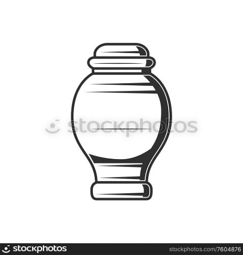 Monochrome cremation vase to bury human ash isolated vase. Vector burial jar. Burial vase or cremation urn to bury ash isolated