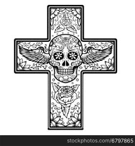 Monochrome Cross with winged sugar skull isolated on white background. Day Of The Dead. Vector illustration.