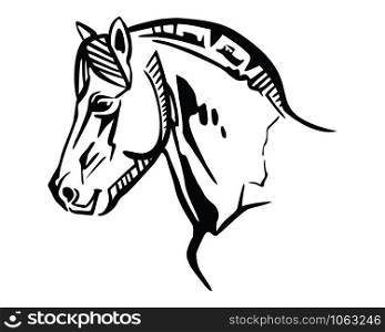Monochrome decorative portrait in profile of horse, vector isolated illustration in black color on white background. Image for design and tattoo.