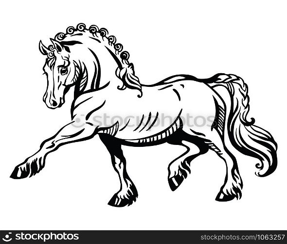 Monochrome decorative portrait of pony steps in profile, training pony. Vector isolated illustration in black color on white background. Image for design and tattoo.