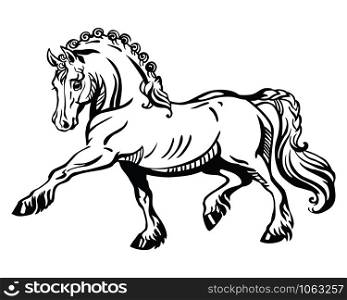 Monochrome decorative portrait of pony steps in profile, training pony. Vector isolated illustration in black color on white background. Image for design and tattoo.