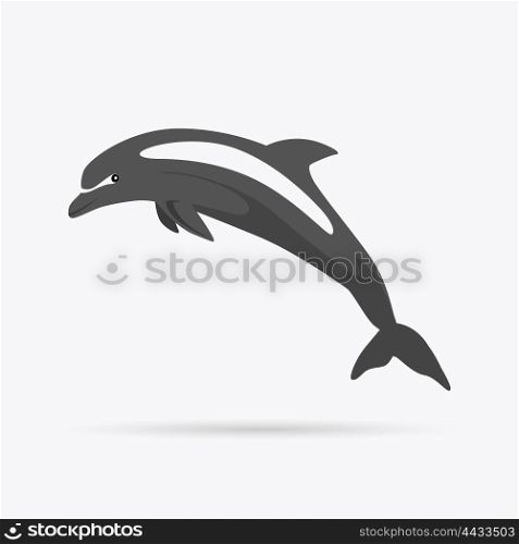 Monochrome Dolphin Isolated on White Background. Monochrome dolphin isolated on white background. Mammals dolphin jumping with a tail and fins. Animals are creatures in the sea or the ocean painted in black isolated on white. Vector illustration