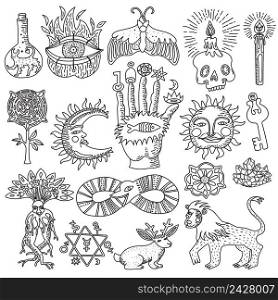 Monochrome doodle set of trendy magic tattoo designs isolated on white background vector illustration. Magic Tattoo Set