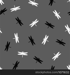 Monochrome dragonfly seamless pattern isolated on white background. Design element for textile, fabrics, wallpaper, scrapbooking or etc. Vector illustration.. Monochrome dragonfly seamless vector pattern isolated on white background.