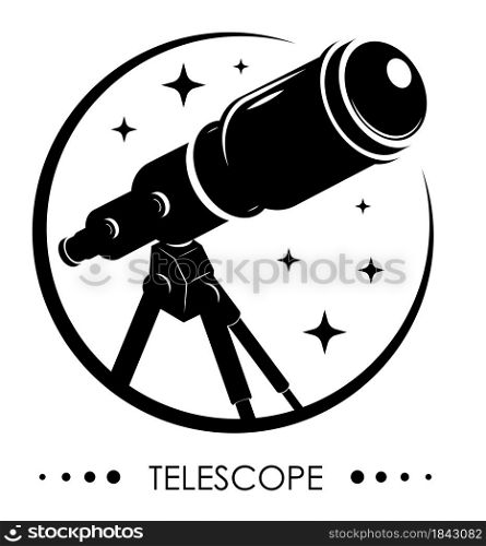Monochrome emblem Telescope on tripod for observing space, stars and planets of solar system. Space exploration. Black and white vector on white background