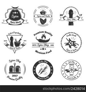 Monochrome emblems of shops with spices and herbs, culinary utensils, design elements isolated vector illustration . Spices And Herbs Monochrome Emblems