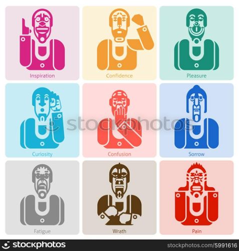 Monochrome emotion icons set. Monochrome male faces with inspiration confidence pleasure and other emotions isolated vector illustration