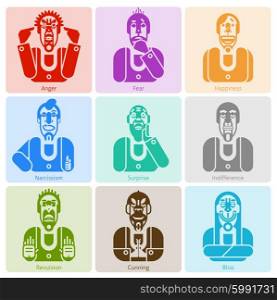 Monochrome emotions set. Monochrome male avatars with anger fear happiness and other emotions isolated vector illustration