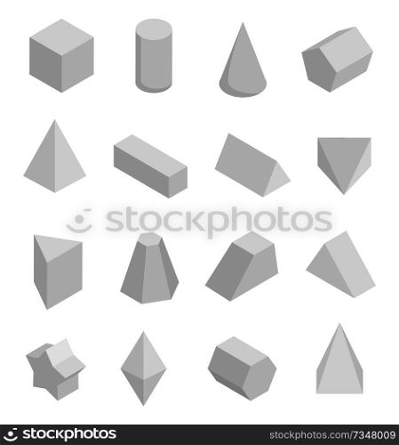 Monochrome figures set isolated on white backdrop vector illustration, cuboid cube square pyramid and tetrahedron, cone cylinder triangular prism. Monochrome Prisms Set Isolated on White Backdrop