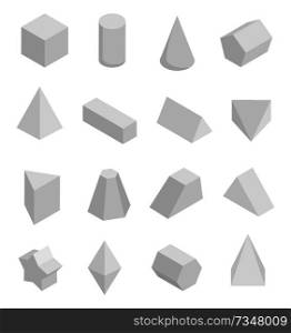 Monochrome figures set isolated on white backdrop vector illustration, cuboid cube square pyramid and tetrahedron, cone cylinder triangular prism. Monochrome Prisms Set Isolated on White Backdrop