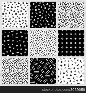 Monochrome geometric line seamless patterns endless vector texture. Monochrome geometric line seamless patterns endless texture. Set of backgrounds with abstract elements. Vector illustration