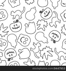Monochrome halloween doodle seamless pattern. Perfect for tee, paper, textile and fabric. Hand drawn vector illustration for decor and design.