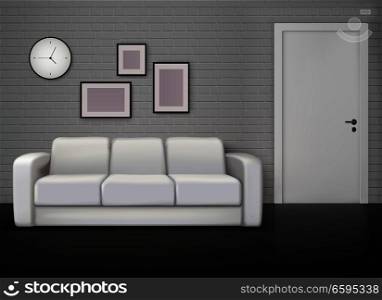 Monochrome home interior design with gray wall white coach black floor contemporary and vintage realistic vector illustration . Interior Realistic Image 
