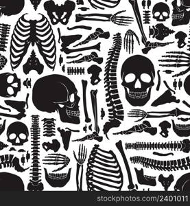 Monochrome human skeleton seamless pattern with big skulls and various single bones flat vector illustration. Human Bones Skeleton Pattern