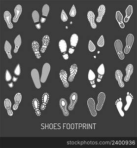 Monochrome icons set of pair shoes footprint with black background vector illustration. Shoes Footprint Set