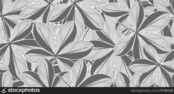 Monochrome jungle leaves seamless pattern. Black and white tropical wallpaper. Exotic hawaiian backdrop. Floral background. Botanical foliage plant. Design for fabric, textile print, surface. wrapping. Monochrome jungle leaves seamless pattern. Black and white tropical wallpaper. Exotic hawaiian backdrop.