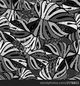 Monochrome jungle seamless pattern. Exotic plant. Tropical palm leaves floral background. Design for fabric , textile print, surface, wrapping, cover. Vintage vector illustration. Monochrome jungle seamless pattern. Exotic plant. Tropical palm leaves floral background.