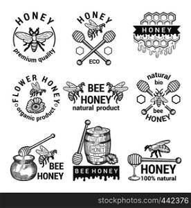 Monochrome labels set with honey, bees and honeycomb. Honey organic label and icon, healthy sweet food. Vector illustration. Monochrome labels set with honey, bees and honeycomb