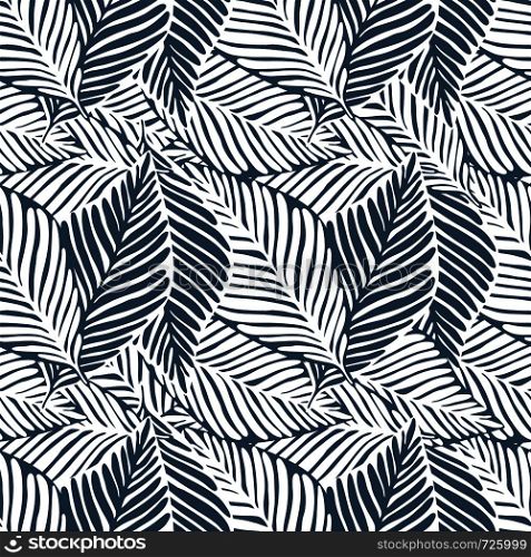 Monochrome leaves jungle print. Tropical pattern, palm leaves seamless vector floral background. Exotic plant.. Abstract tropical pattern, palm leaves seamless floral background.