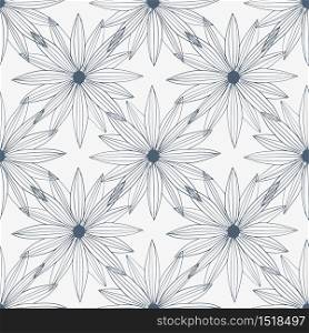 Monochrome line art bud daisy seamless pattern isolated on white background. Modern floral wallpaper. Decorative backdrop for fabric design, textile print, wrapping, cover. Vector illustration.. Monochrome line art bud daisy seamless pattern isolated on white background. Modern floral wallpaper.