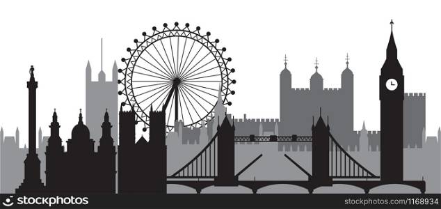 Monochrome London city skyline silhouette vector Illustration in black and grey colors isolated on white background. Panoramic vector silhouette Illustration of landmarks of London, England.