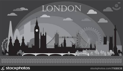 Monochrome London city skyline silhouette vector Illustration in black and grey colors isolated on grey background. Panoramic vector silhouette Illustration of landmarks of London, England.