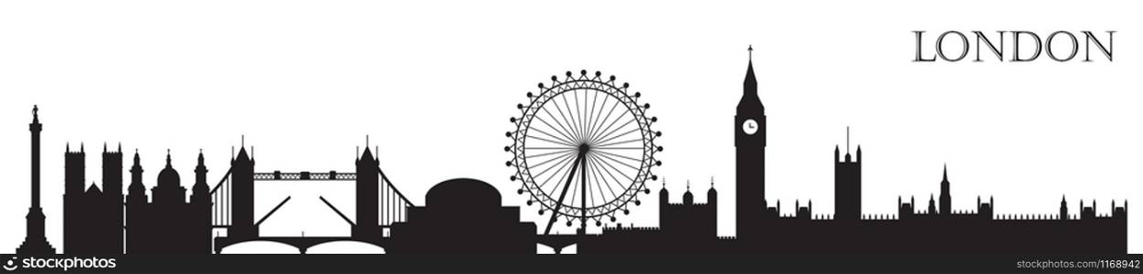 Monochrome London city skyline silhouette vector Illustration in black color isolated on white background. Outline panoramic vector silhouette Illustration of main landmarks of London, England.