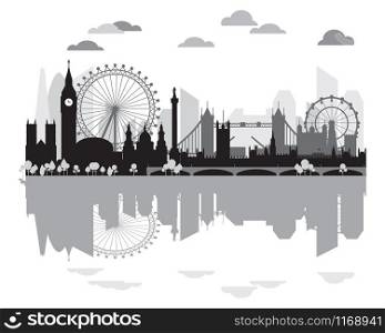 Monochrome London city skyline silhouette with reflection, vector illustration in black and grey colors isolated on white background. Outline panoramic vector silhouette illustration of landmarks of London, England.