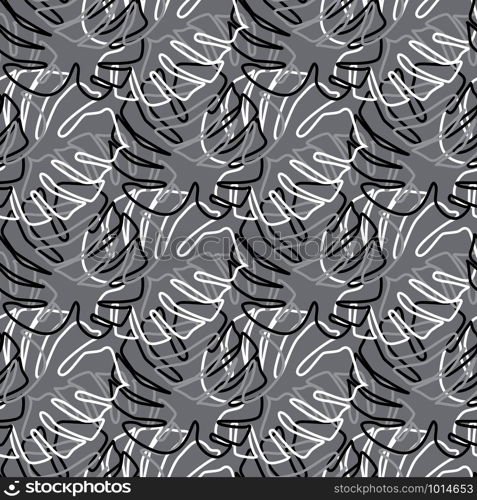 Monochrome monstera leaves seamless pattern in outline style. Botanical leaf backdrop. Design for fabric, textile print, wrapping paper. Vector illustration. Monochrome monstera leaves seamless pattern in outline style.