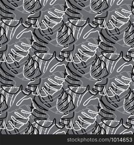 Monochrome monstera leaves seamless pattern in outline style. Botanical leaf backdrop. Design for fabric, textile print, wrapping paper. Vector illustration. Monochrome monstera leaves seamless pattern in outline style.