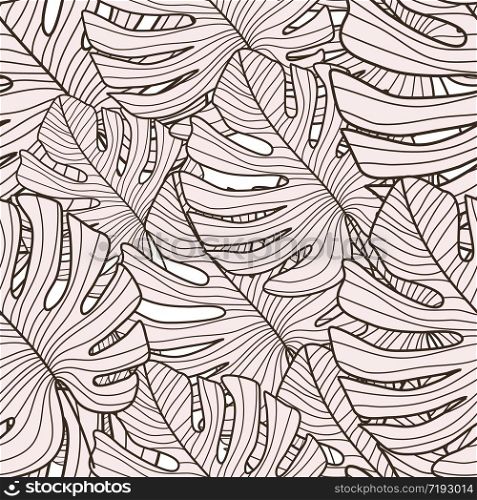 Monochrome monstera line leaves seamless pattern. Exotic tropical wallpaper. Botanical leaf backdrop. Design for fabric, textile print, wrapping paper, fashion, interior, cover. Vector illustration. Monochrome monstera line leaves seamless pattern. Exotic tropical wallpaper. Botanical leaf backdrop.