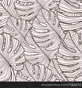 Monochrome monstera line leaves seamless pattern. Exotic tropical wallpaper. Botanical leaf backdrop. Design for fabric, textile print, wrapping paper, fashion, interior, cover. Vector illustration. Monochrome monstera line leaves seamless pattern. Exotic tropical wallpaper. Botanical leaf backdrop.