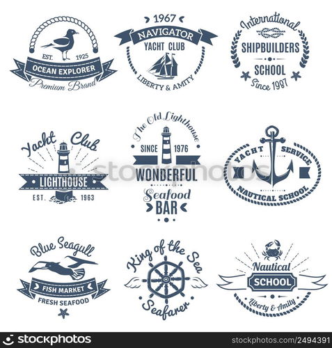 Monochrome nautical marine labels and logos of shipbuilders school yacht club ocean explorer isolated vector illustration. Nautical Marine Labels And Logos