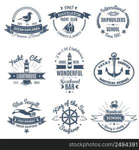 Monochrome nautical marine labels and logos of shipbuilders school yacht club ocean explorer isolated vector illustration. Nautical Marine Labels And Logos