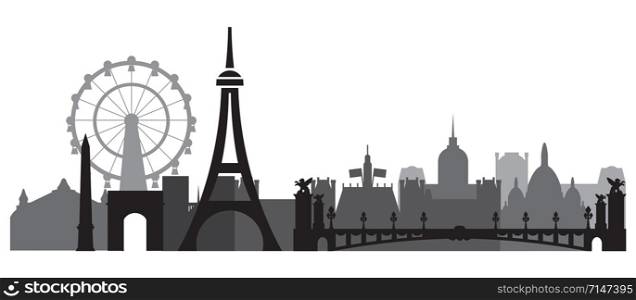 Monochrome Paris City Skyline silhouette vector Illustration in black and grey colors isolated on white background. Panoramic vector silhouette Illustration of landmarks of Paris, France.