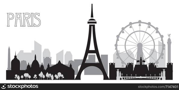 Monochrome Paris skyline silhouette vector illustration in black and grey colors isolated on white background. Panoramic vector illustration of landmarks of Paris, France.