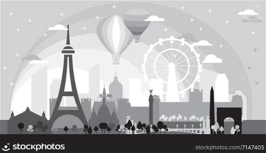 Monochrome Paris skyline silhouette vector illustration in black and grey colors on black background. Panoramic vector illustration of landmarks of Paris, France at sunset.