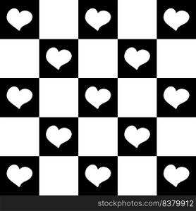 Monochrome pattern with simple hearts in 1970s style. Romantic checkerboard print for fabric, T-shirt, stationery. Doodle vector illustration for decor and design.