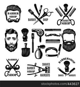 Monochrome pictures of barber shop tools. Vector illustrations for labels. Barber shop and salon haircut logo. Monochrome pictures of barber shop tools. Vector illustrations for labels